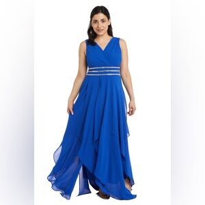 R&M Richards‎ Petite Blue Beaded Waist Maxi Dress Formal Evening Gown Size 10P